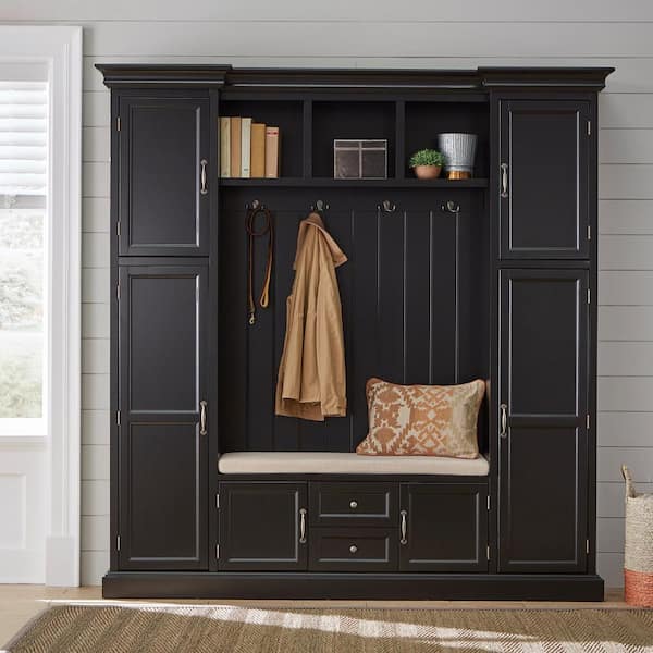 Home Decorators Collection Royce Black Hall Tree with Bench and Storage Cubbies (79.25 in. W x 81.5 in. H)