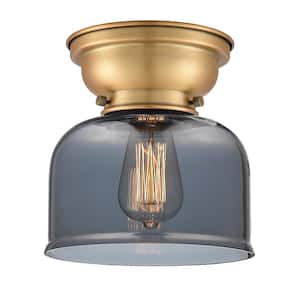 Aditi Bell 8 in. 1-Light Brushed Brass Flush Mount with Plated Smoke Glass Shade