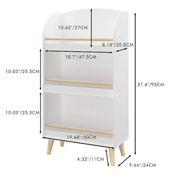 Niro 37.4 in. Tall White MDF Wood 3-Tier Freestanding Kids Bookcase with Open Shelves and Pine Legs