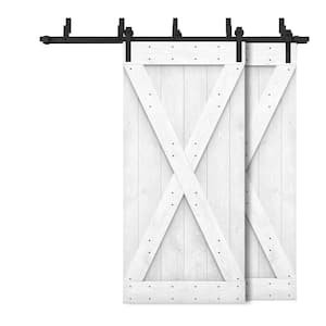 56 in. x 84 in. X Bypass White Stained DIY Solid Wood Interior Double Sliding Barn Door with Hardware Kit