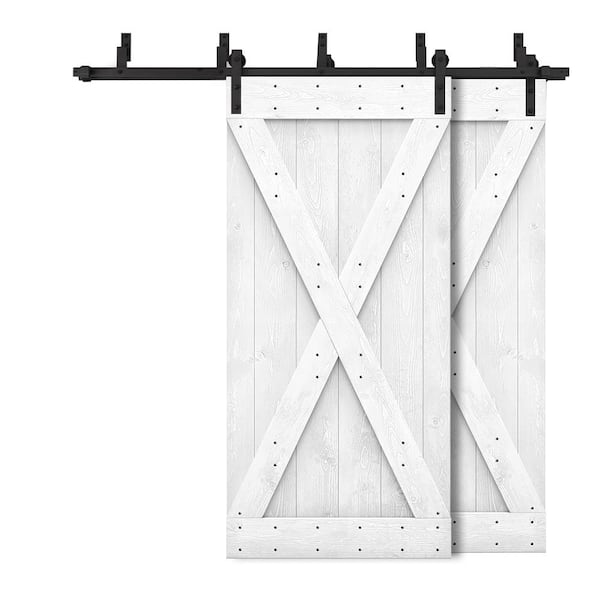 CALHOME 68 in. x 84 in. X Bypass White Stained DIY Solid Wood Interior Double Sliding Barn Door with Hardware Kit