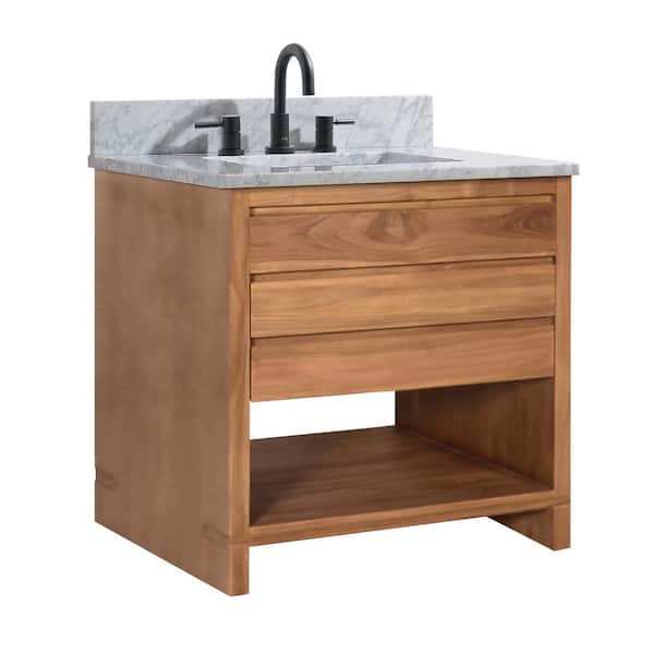 Kai 31 in. Single Sink Natural Teak Bath Vanity with Carrara White Marble Top