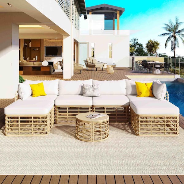 Polibi 7-Piece Brown Wicker Frame Outdoor Patio Conversation Sectional Seating Set with Beige Cushions