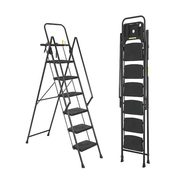 6-Step, 6 ft. Reach Steel Lightweight Portable Foldable Step Ladder with Tool Tray Wide, Non Slip Pedals and Handrails