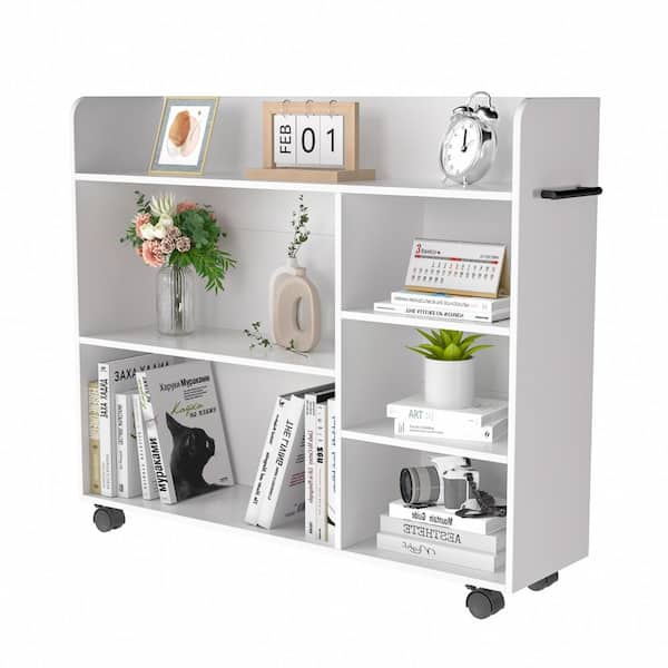 VECELO Wood Rolling Library Book Cart with Lockable Wheels & Adjustable