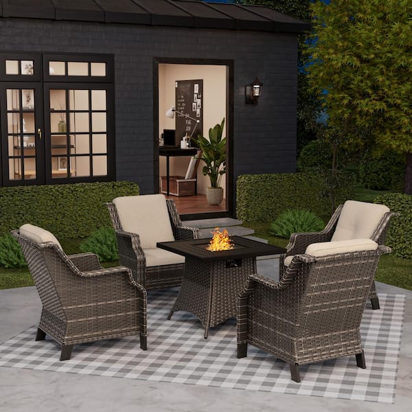 MeetLeisure 4 Seat 5-Piece Wicker Patio Set Conversation Set with Beige Cushion, Fire Pit Table