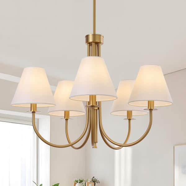 5-Light Dimmable Classic / Traditional Gold Chandelier with White Fabric Shade for Dining Room