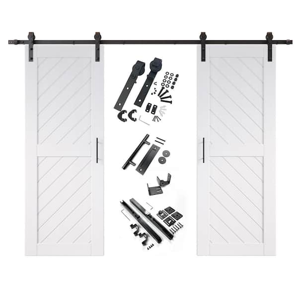 HOMACER XT1 26 in. x 80 in. C-Panel White Slanted Stripe Design Double Pine Wood Sliding Barn Door with Hardware Kit