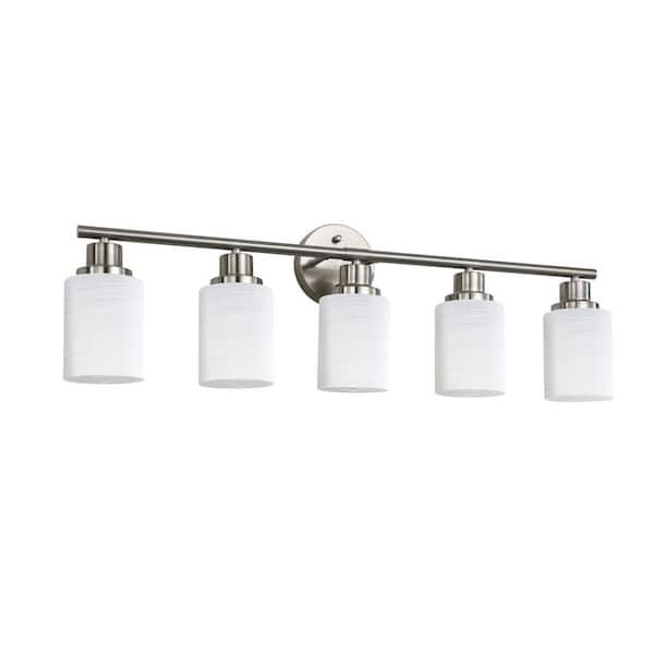 5-Light Chrome Vanity Light with Cylindrical White Frosted Glass Shades and Iron Frame, E26 Bulbs Not Included