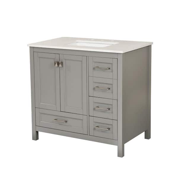 Aoibox 36 in. 5 Drawers Gray Bath Vanity Cabinet with 1-Sink, White Marble Countertop-Fully Assembled