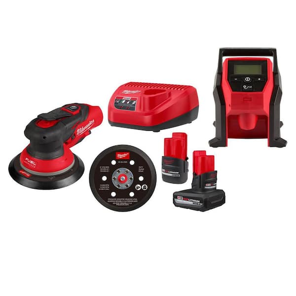 M12 FUEL 12-Volt Li-Ion Brushless Cordless 6 in. Random Orbital Sander Kit (3/32 in) w5.0Ah, 2.5Ah Batteries,&Inflator