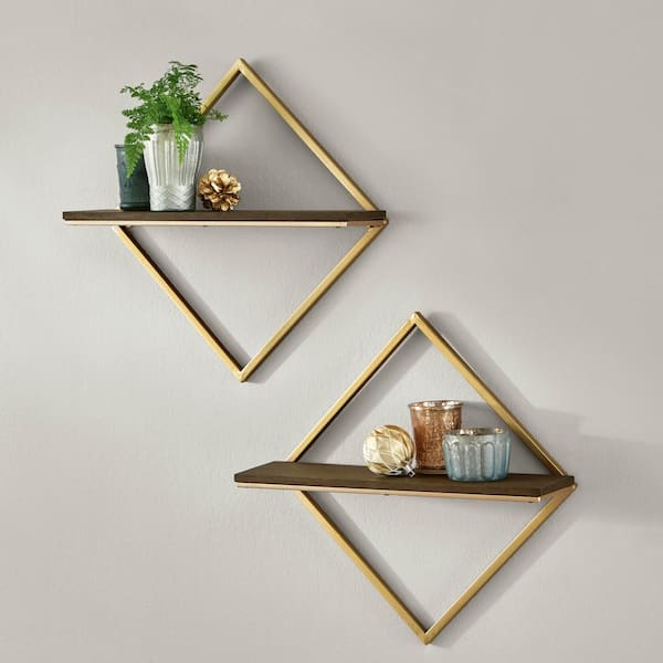 StyleWell 15 in. H x 15 in. W x 4 in. D Wood and Gold Metal Wall-Mount Diamond Floating Shelf (Set of 2)