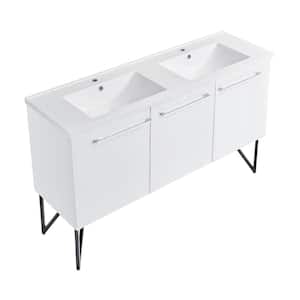 Annecy 60 in. Double, 2-Door, 1 Drawer Bathroom Vanity in White with White Basin