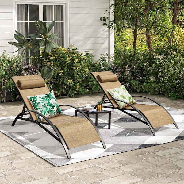 HOMMOW Patio Lounge Chairs for Outside Set of 3, Textilene Fabric Adjustable Recliner Outdoor Lounge Chairs with a Table, Brown