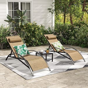 Patio Lounge Chairs for Outside Set of 3, Textilene Fabric Adjustable Recliner Outdoor Lounge Chairs with a Table, Brown