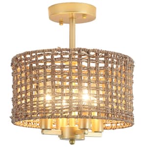 11.8 in. 4-Light Gold Farmhouse Drum Semi-Flush Mount Ceiling Light Fixture with Hand Woven Shade