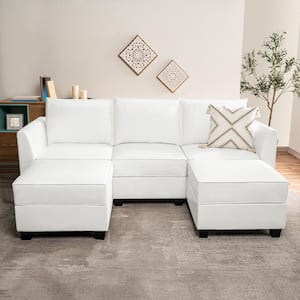 Contemporary 1-Piece Bright White Air Leather Reversible U-Shaped Sectional Sofa with Double Chaise and Ottomans