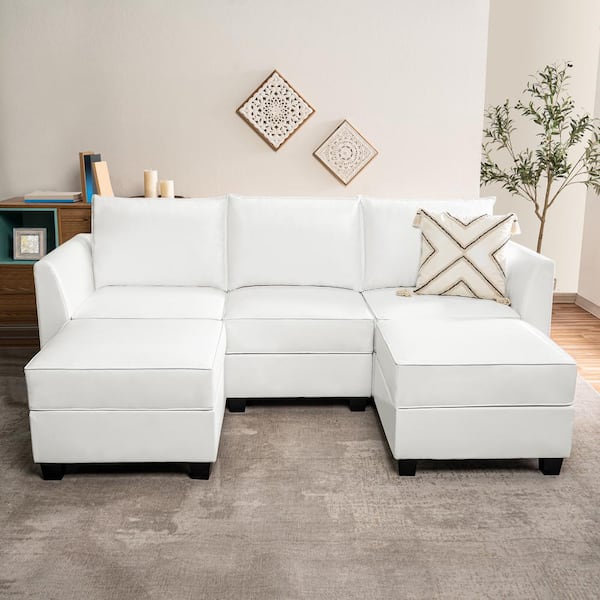 MAYKOOSH Contemporary 1-Piece Bright White Air Leather Reversible U-Shaped Sectional Sofa with Double Chaise and Ottomans