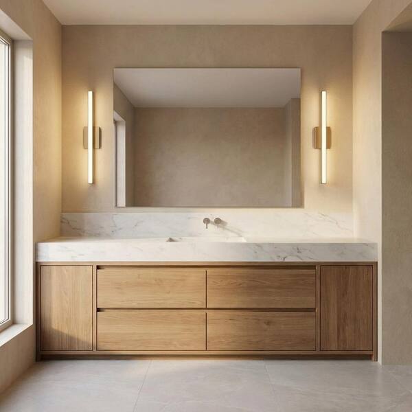 Marque 24 in. W x 4.5 in. H Satin Brass Modern LED Dimmable Bathroom Vanity Light with White Acrylic Shade