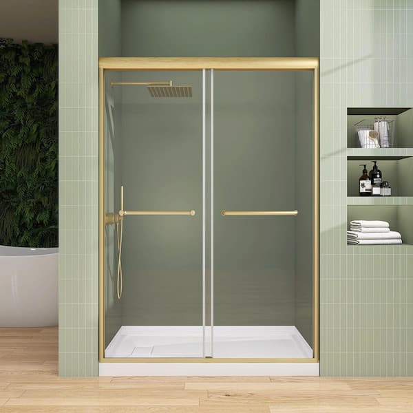 50-54 in. W x 75 in. H Semi-Frameless Sliding Bypass Glass Shower Door in Brushed Gold 5/16 in. Tempered Glass