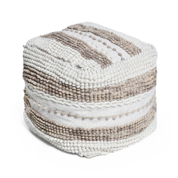 Noble House Leonardo Ivory and Taupe Handcrafted Fabric Cube Pouf