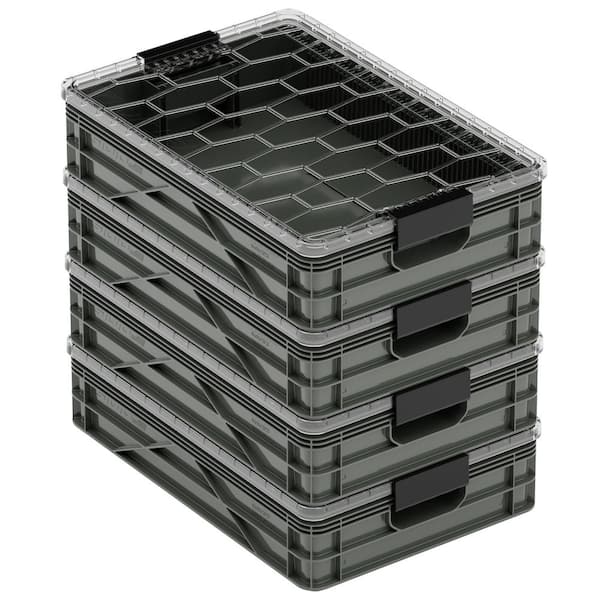 Quarter Crate 4-Pack Heavy Duty Stackable Storage Bins with Lids and Dividers Stealth