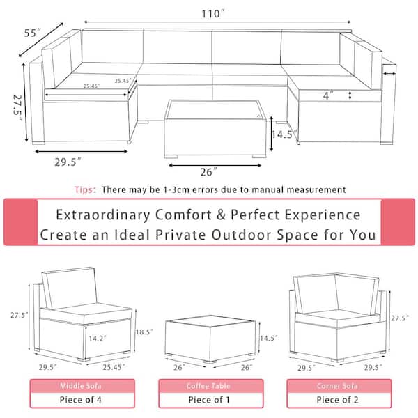 7-Piece Wicker Outdoor Sectional Set with Cushion Red