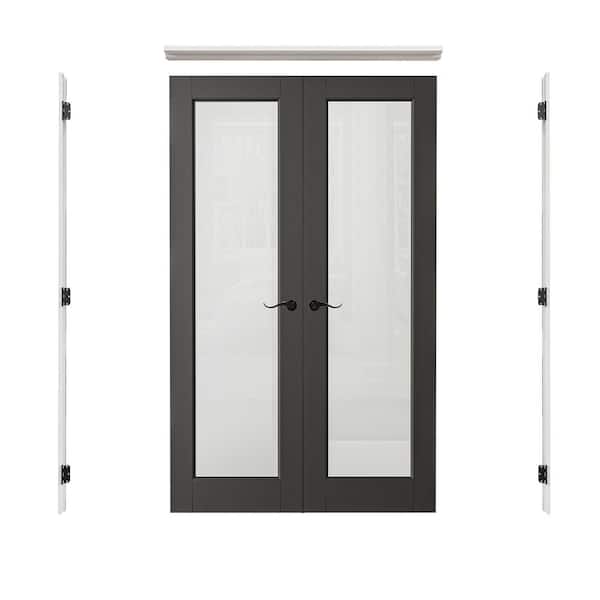 48 in. x 80 in.1-Lite Frosted Glass Universal Black Solid Core Glass Double Prehung French Door Plus Quick Assemble Jamb
