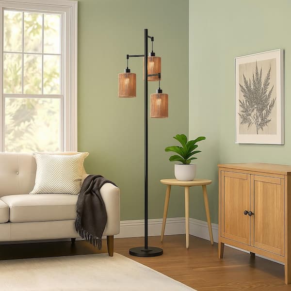 68.9 in. Black 3-Light Hand-Woven Rattan Tree Floor Lamp