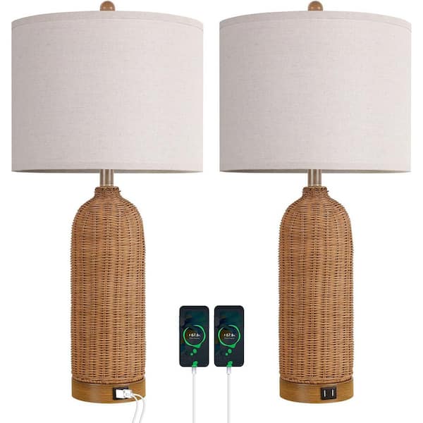 27 in. Rattan Table Lamps with 2 USB Ports for Living Room Bedroom Office, Beige (Set of 2)