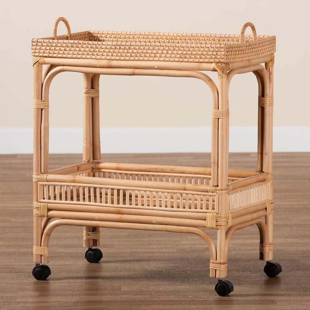 Natural Nude Rattan Rectangular Beverage Cart with Storage