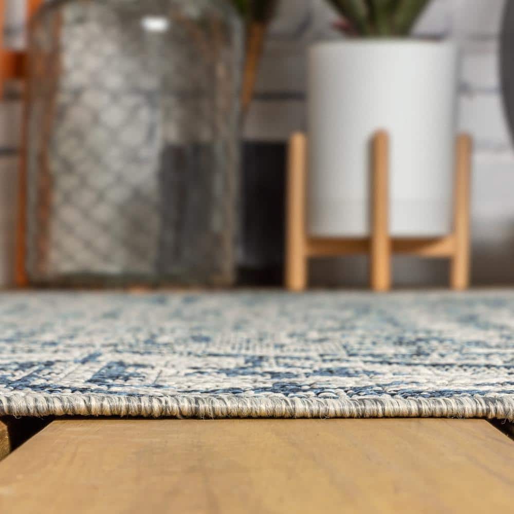 Navy and Gray Round Medallion Flat Woven Synthetic Rug