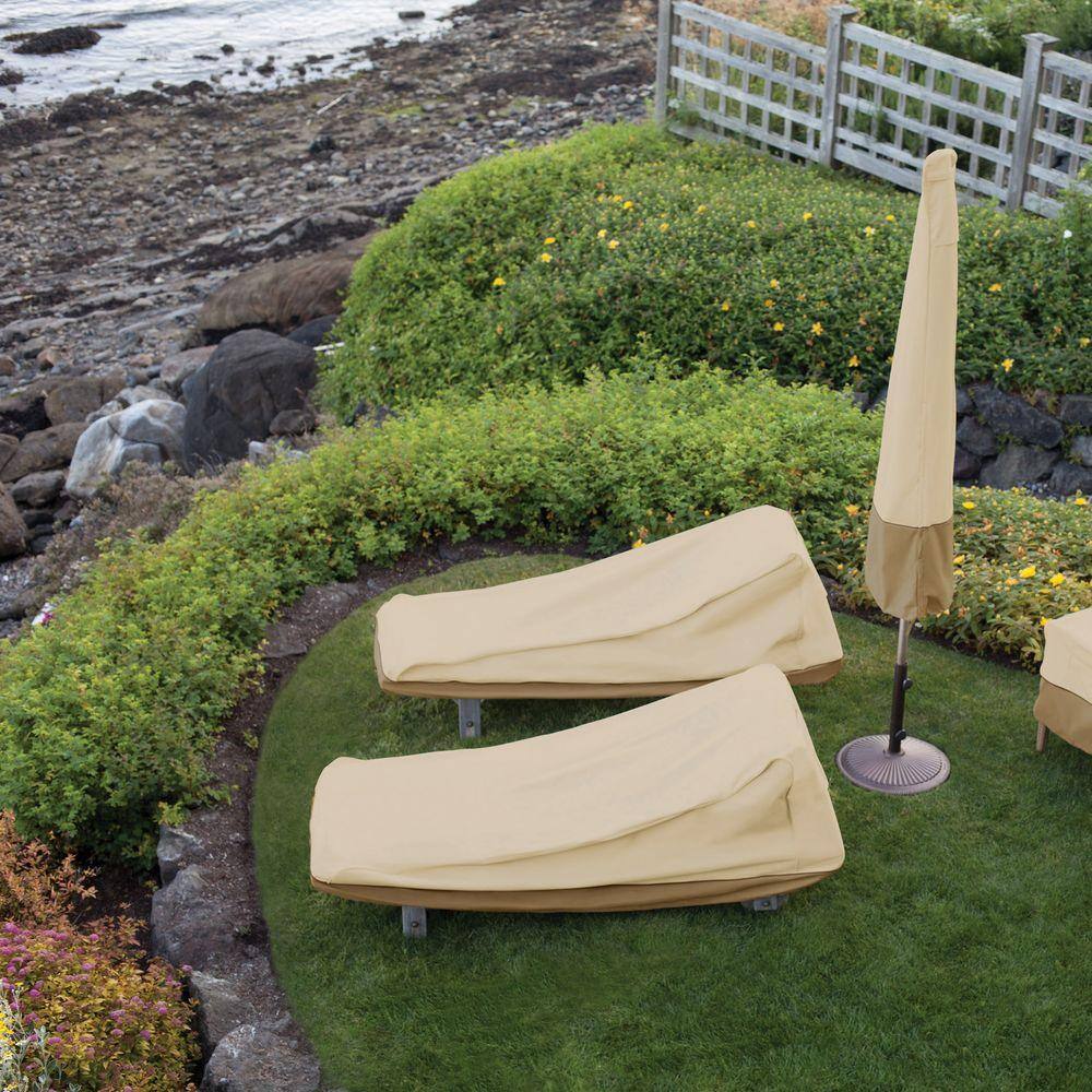 Beige Water-Resistant Polyester Patio Chaise Lounge Cover with PVC Backing