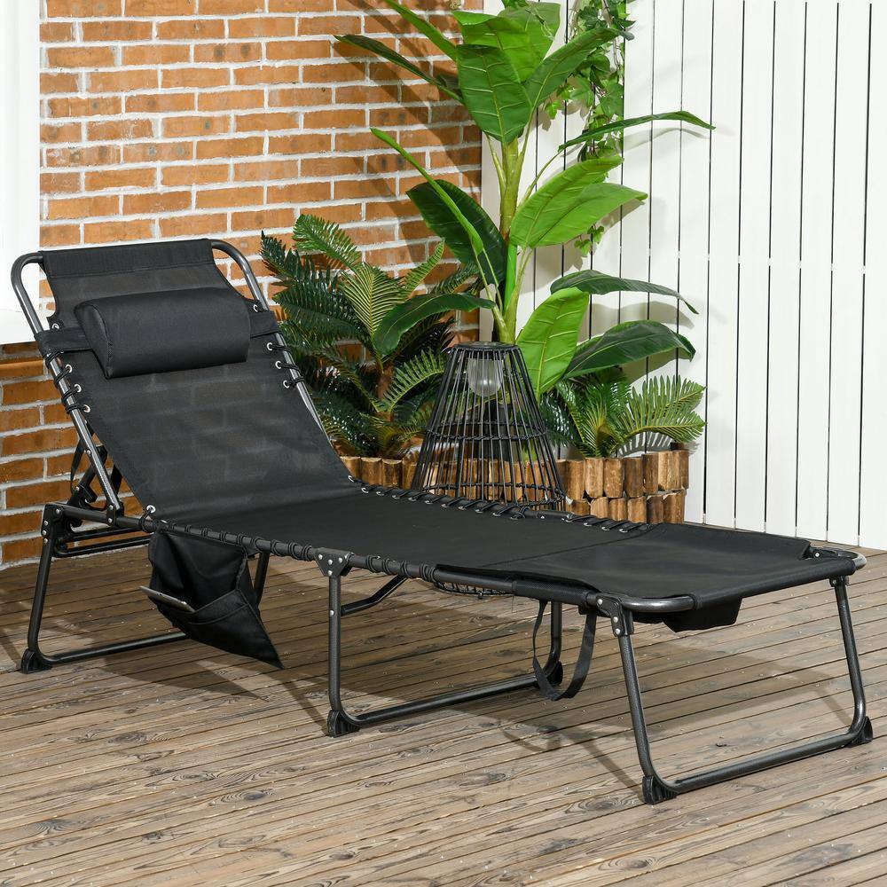 Black Mesh Folding Armless Outdoor Chaise Lounge with Pillow
