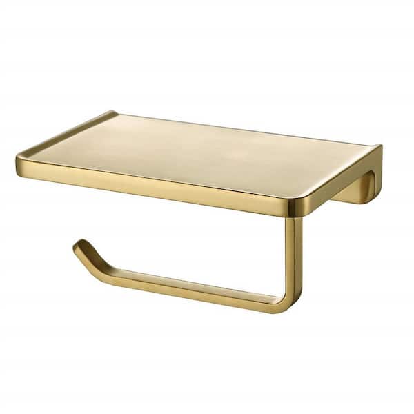 Cubilan Wall Mounted Zinc Alloy Toilet Paper Holder Tissue Roll Dispenser with Phone Storge Shelf in Brushed Gold