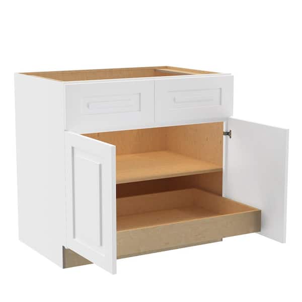 Home Decorators Collection Grayson 36 in. W x 24 in. D x 34.5 in. H Assembled Plywood Base Kitchen Cabinet in Pacific White with 1ROT Soft Close