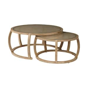 Hubbard II 2-Piece 42 in. Light Brown Wood Large Round Glass Coffee Table Set with Nesting Tables