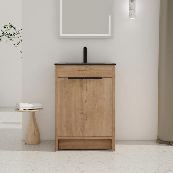 Staykiwi 24 in. W x 18.3 in. D x 34 in. H Freestanding Bathroom Vanity in Imitative Oak with Black Ceramic Top