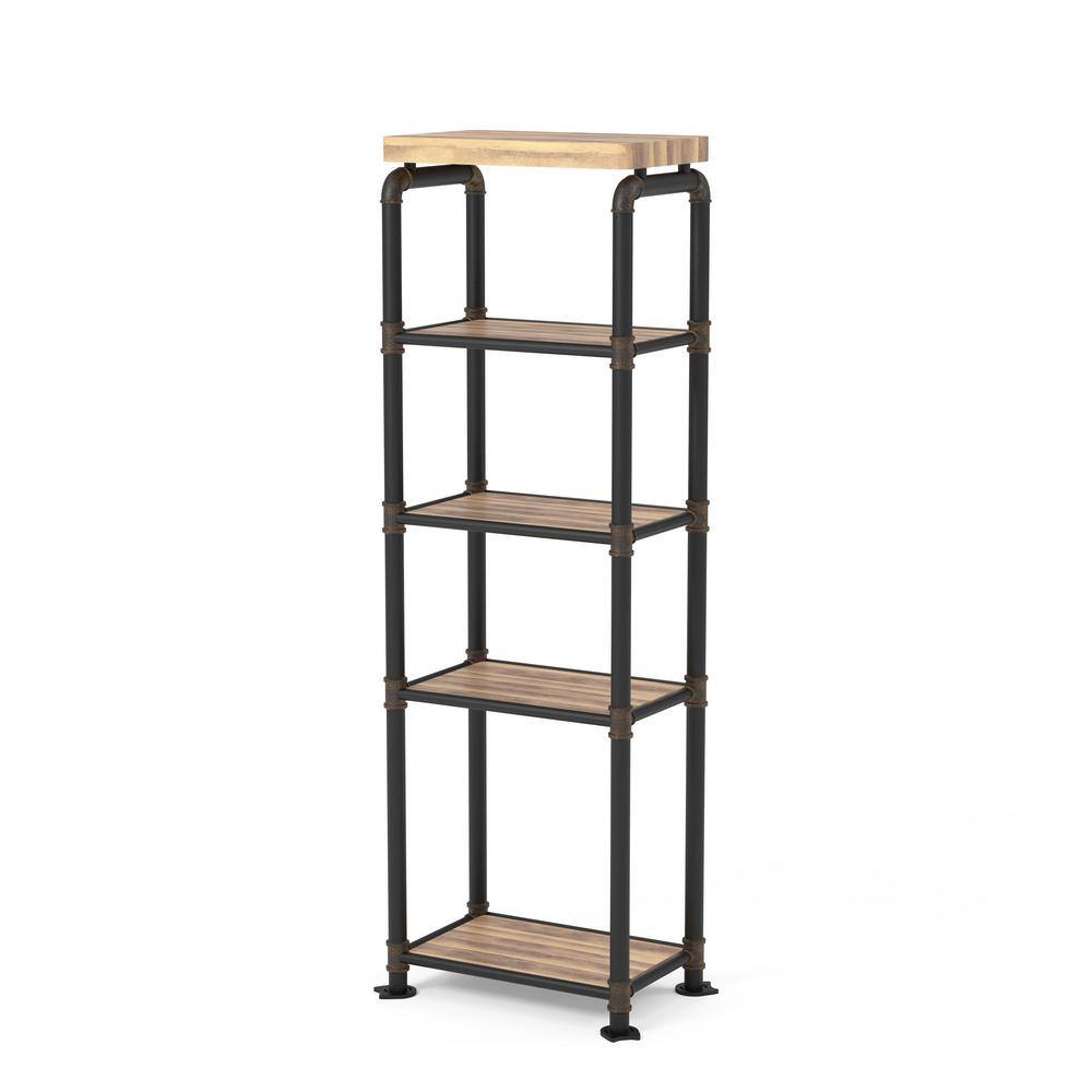 Antique Black Metal and Wood 4-Shelf Etagere Bookcase