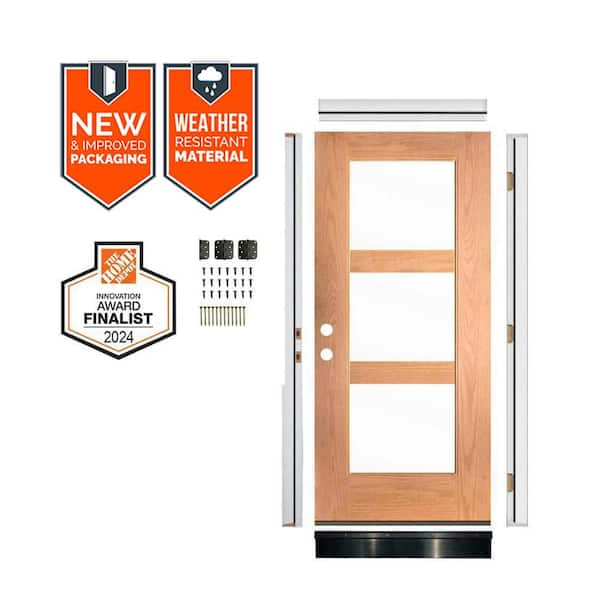 Modern36in.x79in. 3-Lite RH Clear Glass Teak Stain Fiberglass AssemblyRequired Front Door Kit w/QuickAssembleJamb