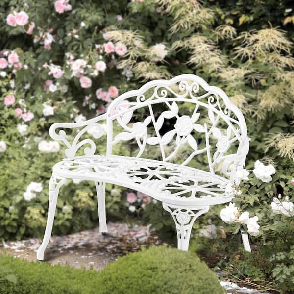 38.5 in. Patio Park Garden Outdoor Metal Rose Bench, Cast Iron
