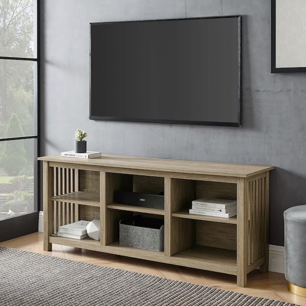 Walker Edison Furniture Company 58 in. Cerused Ash Wood Mission Open Storage Media Console with Cable Management Fits TV's up to 65 in.