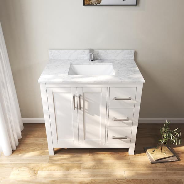 36 in. W x 22 in. D x 35 in. H Single Sink Bath Vanity Cabinet in White with Cultured Marble Top