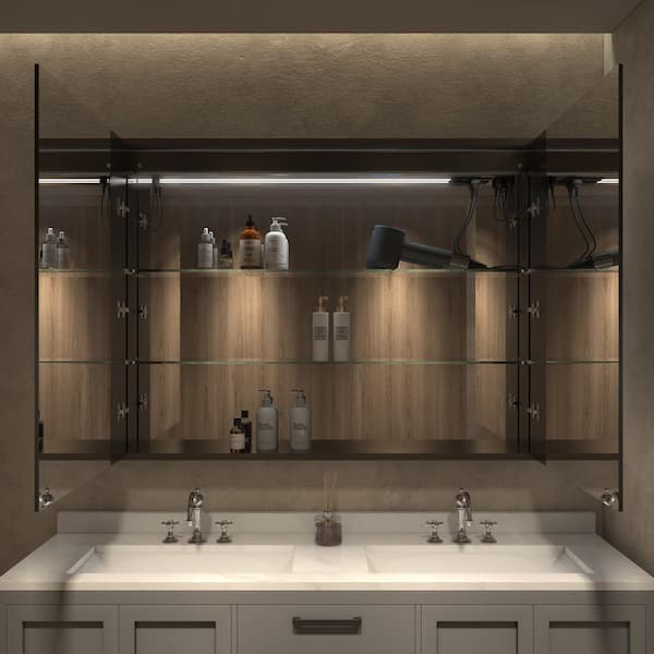 48 in. W x 36 in. H Black Rectangular Aluminum Dimmable Flowing LED Light Surface Mount Medicine Cabinet with Mirror