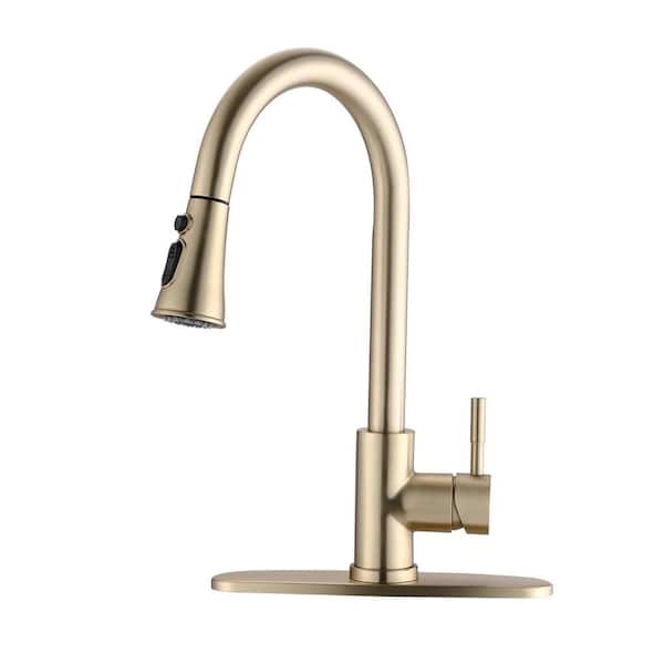 Single Handle Pull Down Sprayer Kitchen Faucet with Deckplate Included in Brushed Gold