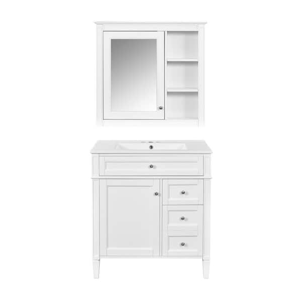 30 in. Single Sink White Bath Vanity with White Ceramic Top,Tip-out Drawer, and Wall-Mount Mirror Cabinet Unassembled
