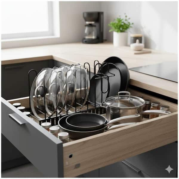 Black Standing Adjustable 8 Tier Cabinet Organizer Heavy Duty Iron Pot Rack for Kitchen Pan Storage with 3 DIY Methods