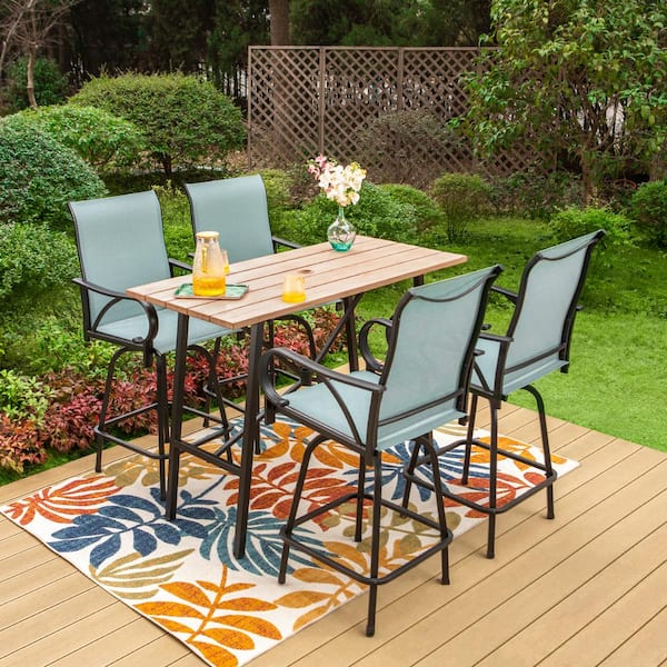 PHI VILLA 5-Piece Metal Outdoor Patio Bar Height Dining Set with Sling Swivel Chairs and Rectangle Brown Slat Tabletop