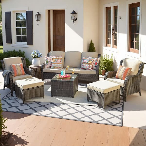 OVIOS Joyoung Brown 6-Piece Wicker Outdoor Patio Conversation Seating Set with Beige Cushions