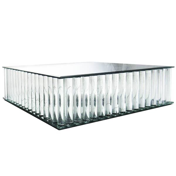 1-Tier Clear Square Mirror LED Fairy Light Up Glass Columns Cake Stand Dessert Display Tray 14 in.
